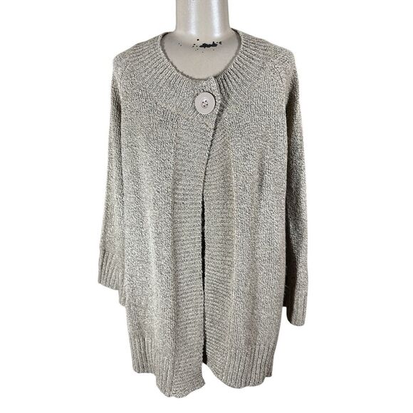 Carolyn Taylor Soft Loop Knit One Button Cardigan Cape Sweater Oatmeal Brown - Picture 1 of 7